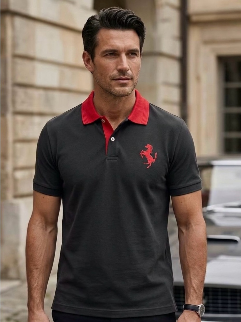 Ferrari Scuderia Mens Black Piquet Contrast Flatknit Short Sleeve Polo Shirt XL